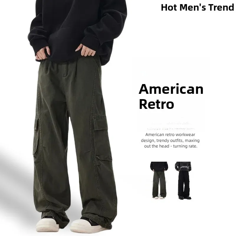 

Американские рабочие брюки в стиле ретро, мужские повседневные винтажные брюки десантника с широкими штанинами для отдыха, футболка свободного покроя Strai...