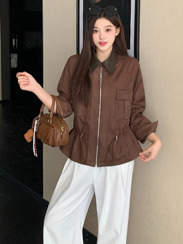 Cé Brown Biker Jaet Abbigliamento da lavoro da donna Cappotto in pelle Capispalla Cool Giacca a vento sexy Vestibilità ampia Pendolarismo Sle ort Lunghezza Zi...