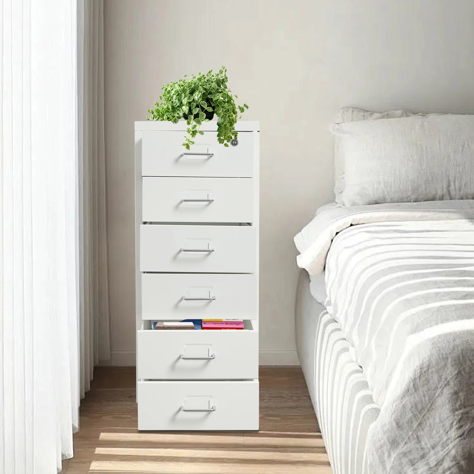 White 6 Drawer Metal Vertical File Cabinet Cold Rolled Steel Mobile Storage Cabinet with Wheels for Home Office