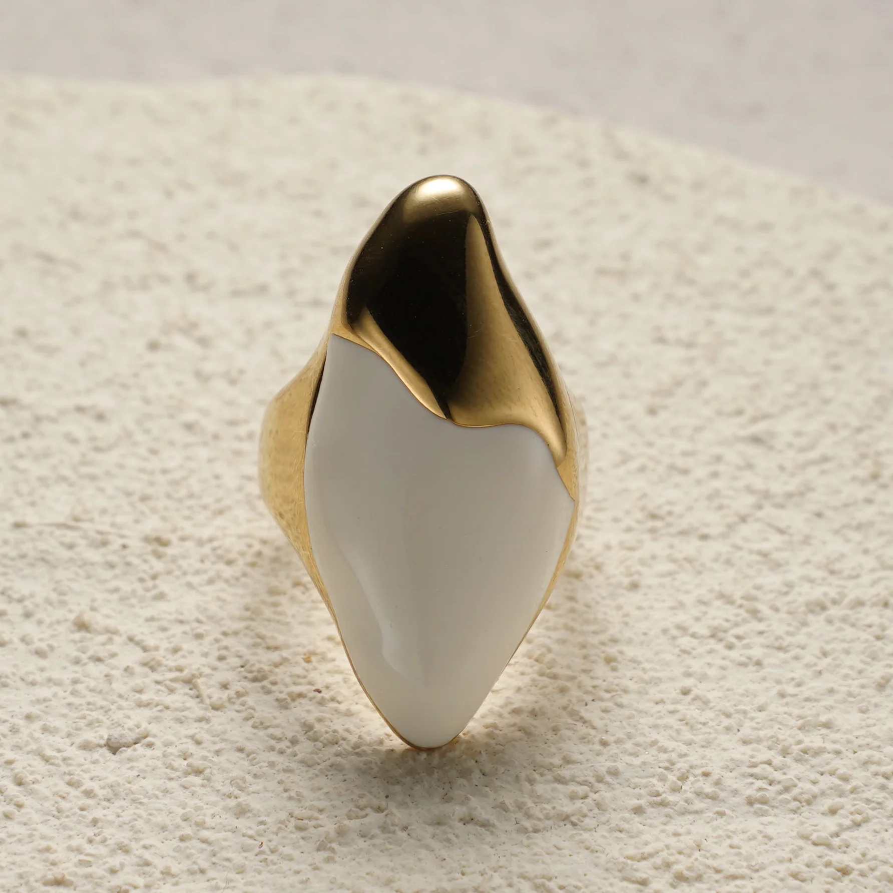 Gold Plated 316L Stainless Steel Irregular Teardrop Resin Ring, Minimalist Vintage Solid Band