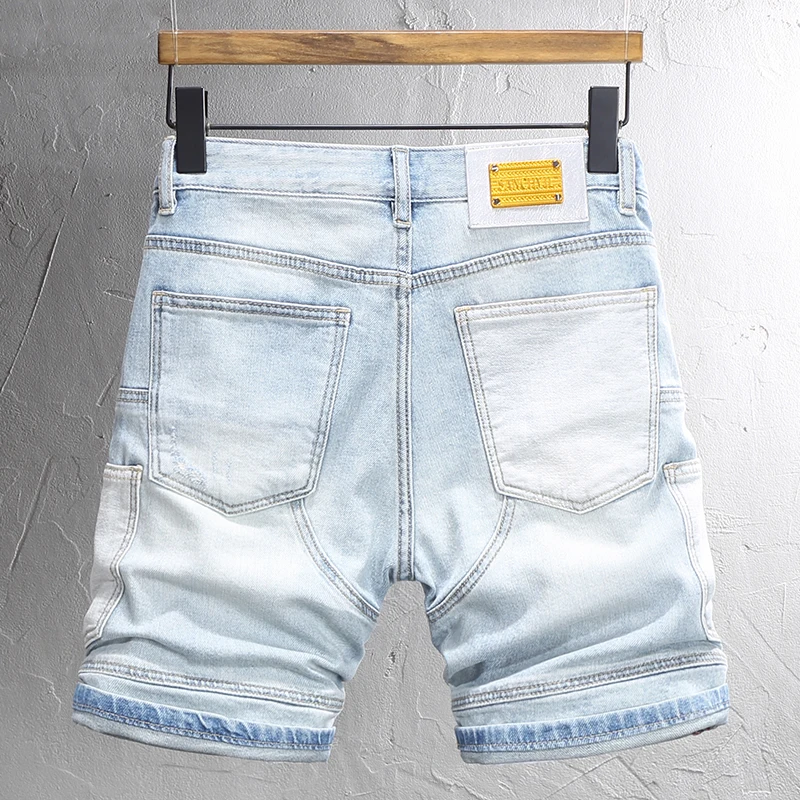 Designer Summer Fashion Men's Light Blue Denim Shorts Retro Wash Slim Fit Panel Designer Split Short Jeans Hombre Elastic Hip Ho