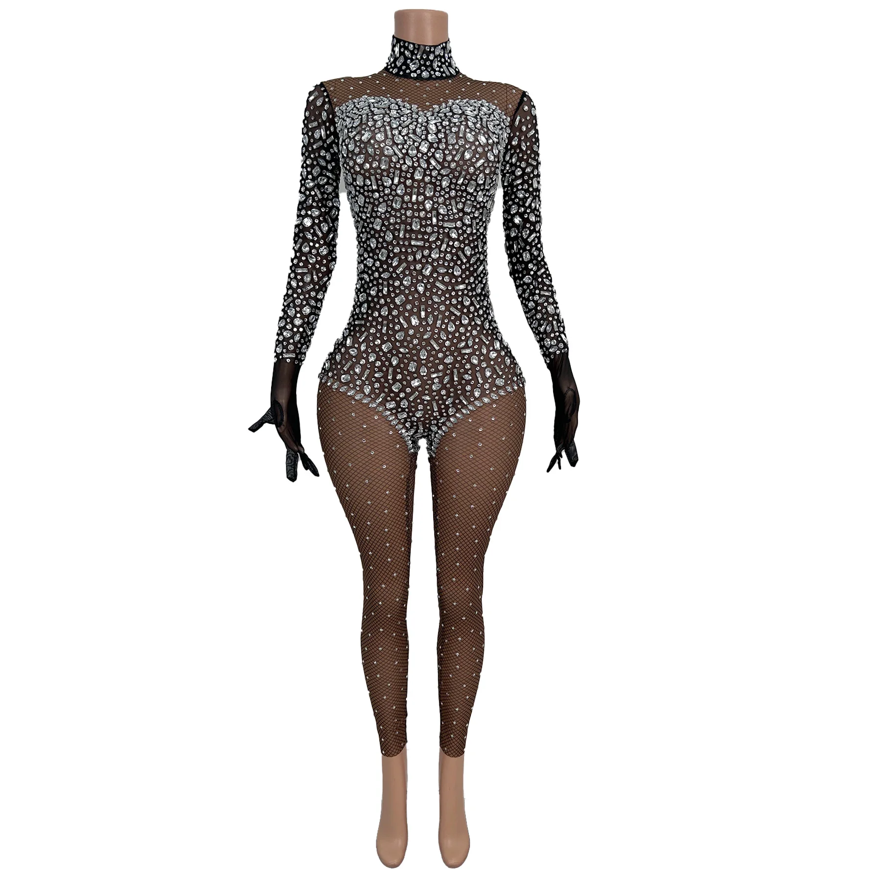 Zawenku Shiny Full Diamond Jumpsuit Sexy Black Mesh See Through Jumpsuit with Gloves Bar Celebrity Dancer Performance Costume
