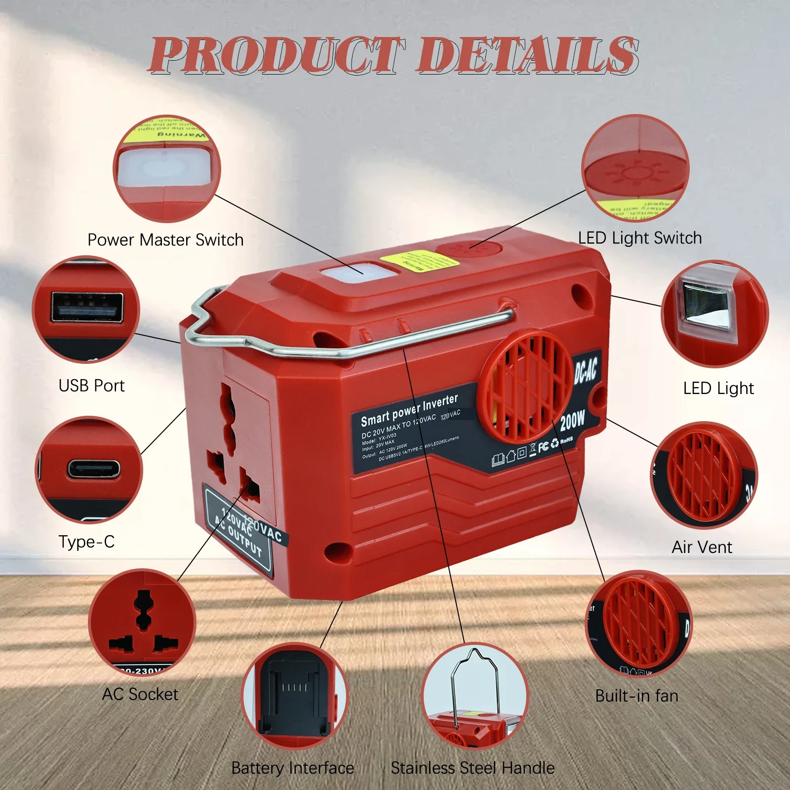 200W Portable Power Inverter 220V Outdoor Mobile Lithium Battery Inverter with LED Light for Milwauke 18V Li-ion Battery