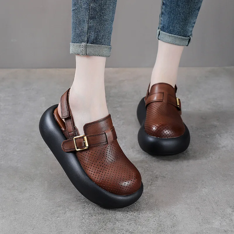 Koznoy 5.5cm Genuine Leather Hook Summer Ankle Boot Round TOE Summer Sandals Fashion Mary Jane Hollow Platform Wedge Women Shoes