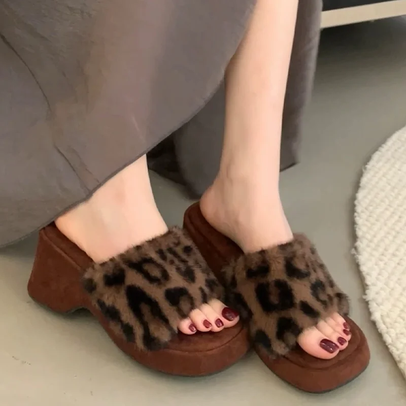 

Fur High Heels Women Slippers Leopard Elegant Fashion Heels Shoes 2025 Winter Snow Boots New Party Slides Dress Mujer Sandalias