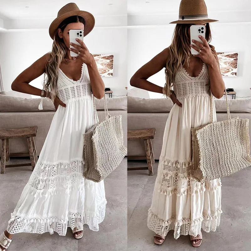 

Spring And Summer Women's Clothing 2022 New Skirt, Temperament V-neck Casual Lace Splicing Sleeveless Long Swing Skirt