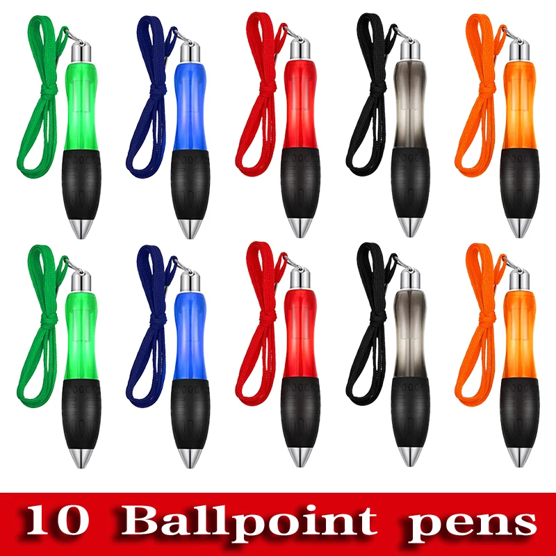 10Pcs Big Weighted Fat Pens Retractable Blue Body Ballpoint Pens with Hanging Rope Large Wide Grip Pens