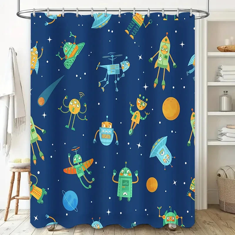 ZHL22Занавеска для душа Space Adventure, синяя галактика, декор с милыми роботами НЛО для детской ванной комнаты, нескользящая водонепроницаемая ткань (802Ol%
