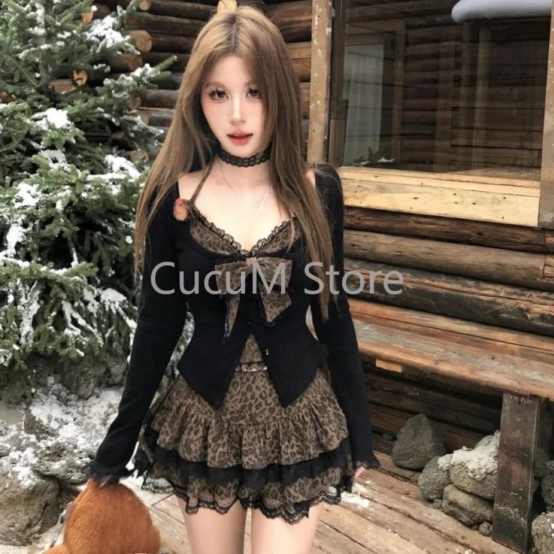 Woman Vintage Fashion Leopard Suit Autumn Winter  Bow Slim Fake Two Tops +  High Waist A-line Y2k Mini Skirt Aesthetics Chic