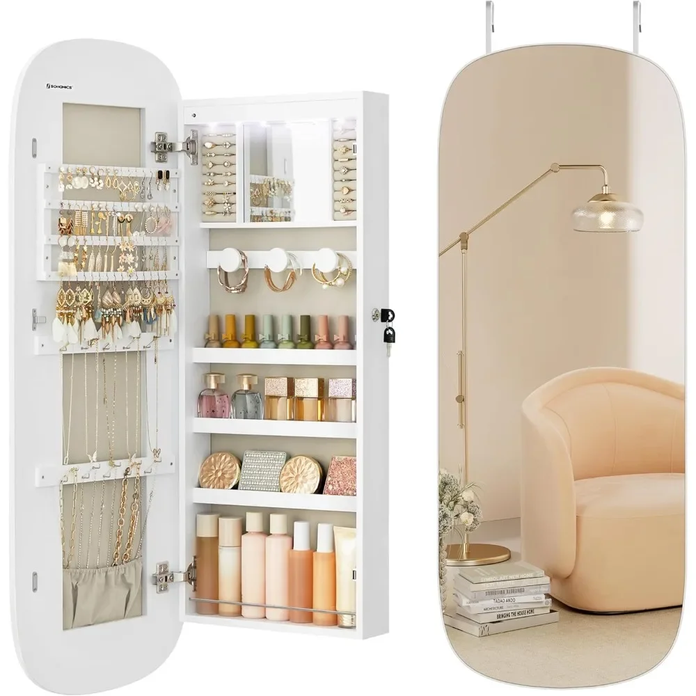 

Jewelry Organizer, LED Jewelry Cabinet Wall/Door Mounted, Lockable Rounded Wide Mirror with Storage, Interior Mirror,