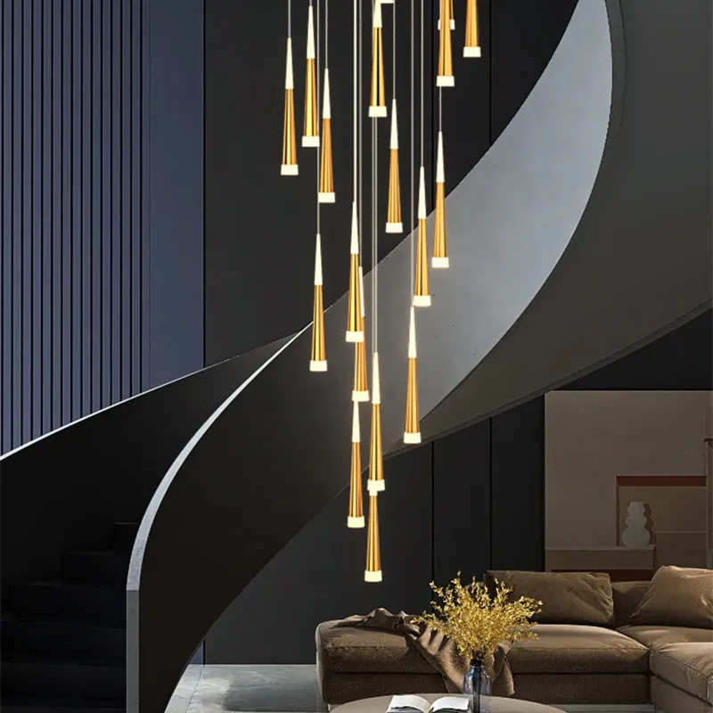 Black Stair Chandelier Modern Duplex Architecture Interior Decoration Living Room Dining Room Ceiling Chandelier Led Light Line