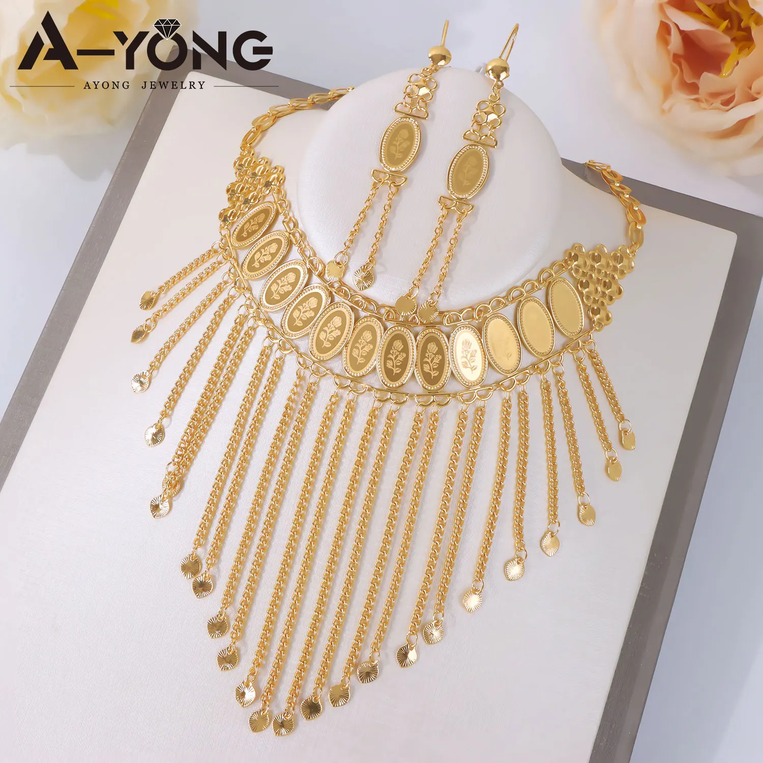 Ethiopian Bridal Wedding Jewelry Set 21k Gold Plated Tassel Floral Abaya Necklace Earrings Habesha Women Event Party Jewelrys