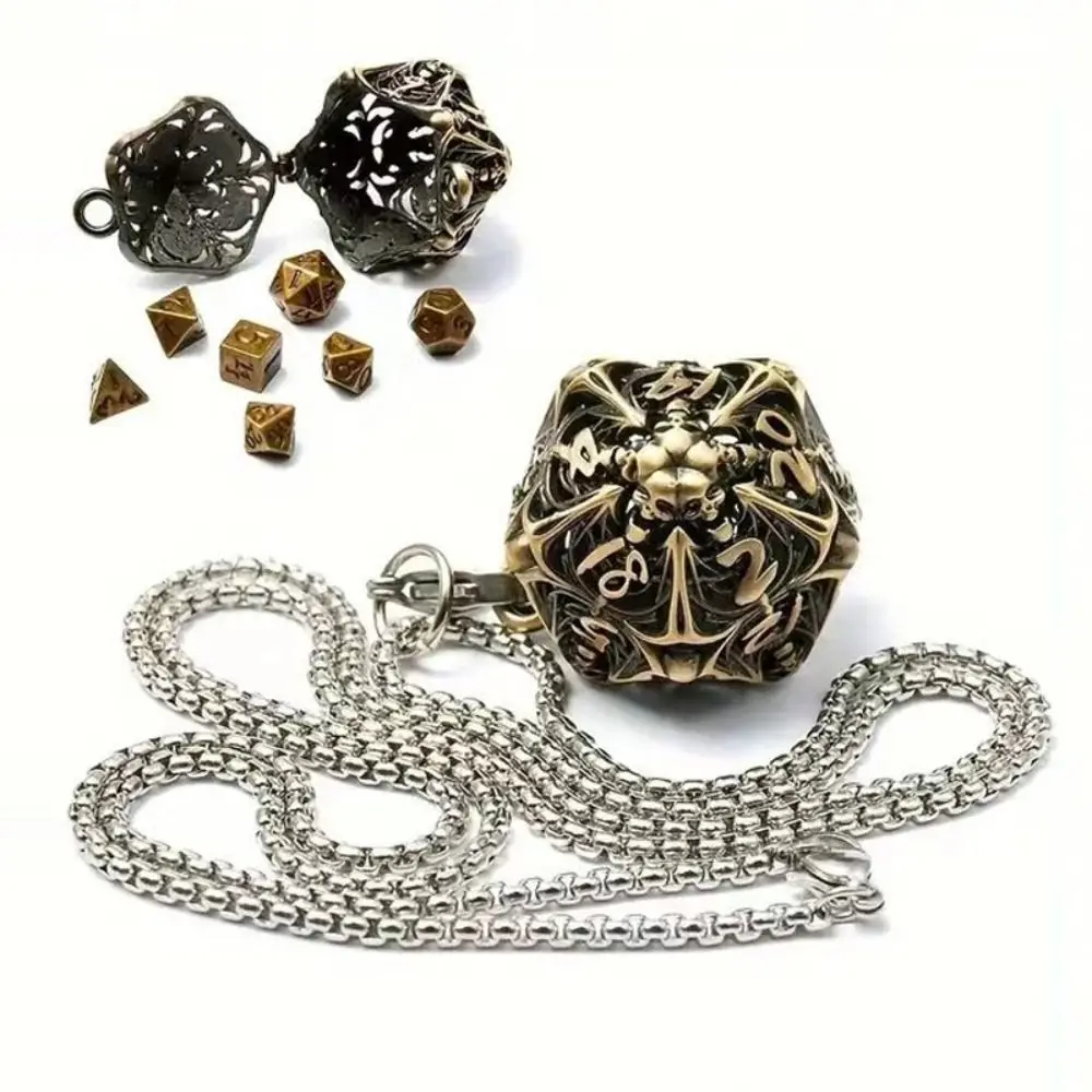 Excellent D20 Metal DND Dice Hollow Box+7pcs Metal DND Dice Set Portable Board Gambling Table Skull Dice Mini Kit New