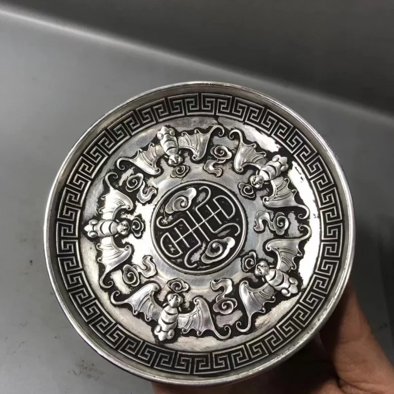 

Vintage Blessing and Longevity Silver-Plated Plate Small Dish Treasure Plate Home Feng Shui Ornament Premium Decoration Display