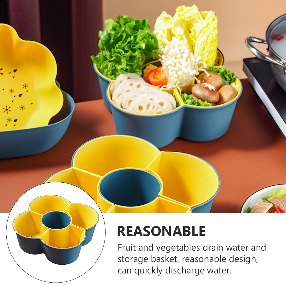 

1pc Double Layer Draining Basket Multi Grid Fruit Vegetable Washing Container Pp Material Kitchen Tools Household Dark Blue