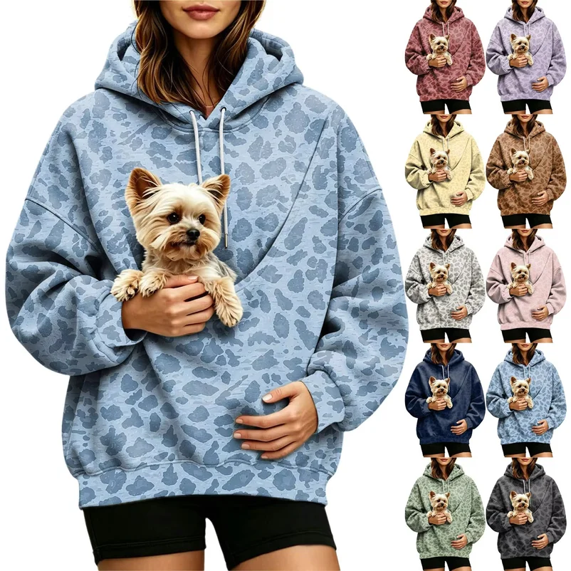 Plus Size 3XL Cat Lovers Hoodies for Women Leopard Print Sweatshirt with Pet Pouch Cat Dog Carrier Kangaroo Pullover Hooded Tops