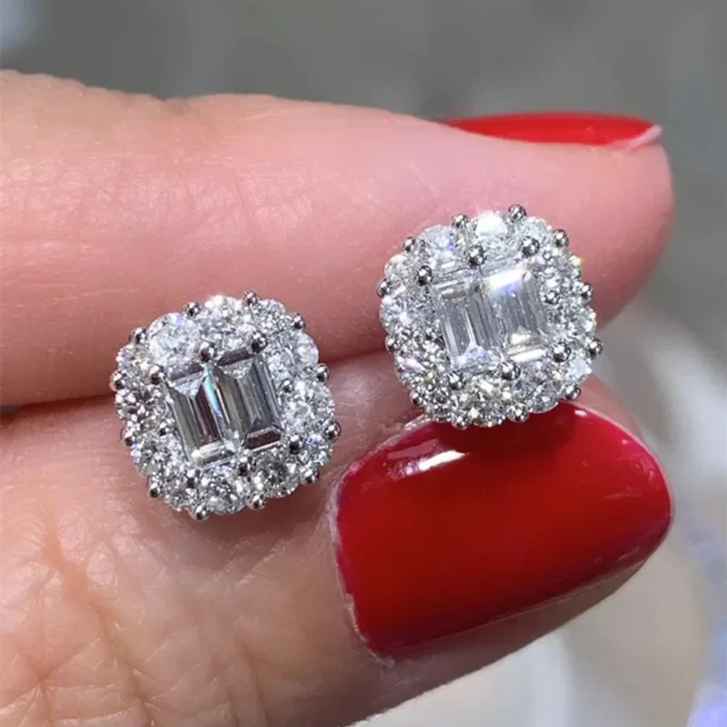 Simple Female Earring 925 Sterling Silver Sparkling Geometric Square Inlaid Zircon Small Earrings for Women Wedding Jewelry Gift