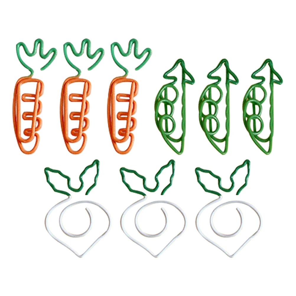 9 Pcs Cartoon Carrot Radish Pea Paper Clips for File Document Office Supplies Small Creative Metal Decorative Bookmarks School