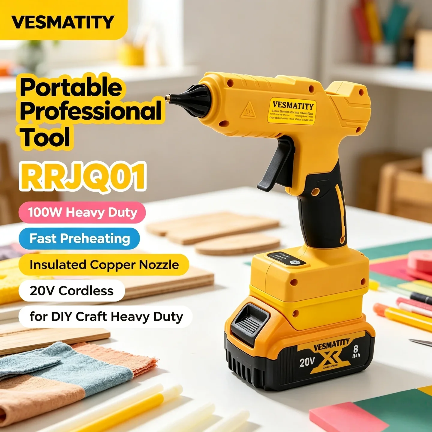 VESMATITY RRJQ01 Cordless Hot Glue Gun 100W Heavy Duty Fast Preheating Insulated Copper Nozzle 20V for DIY Craft Heavy Duty