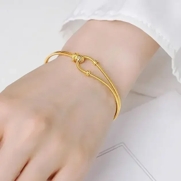 

24K Real Gold Spring Horseshoe Buckle Bracelet, Pure Gold C-shaped Interlocking Bracelet Adjustable AB Chain Bracelet