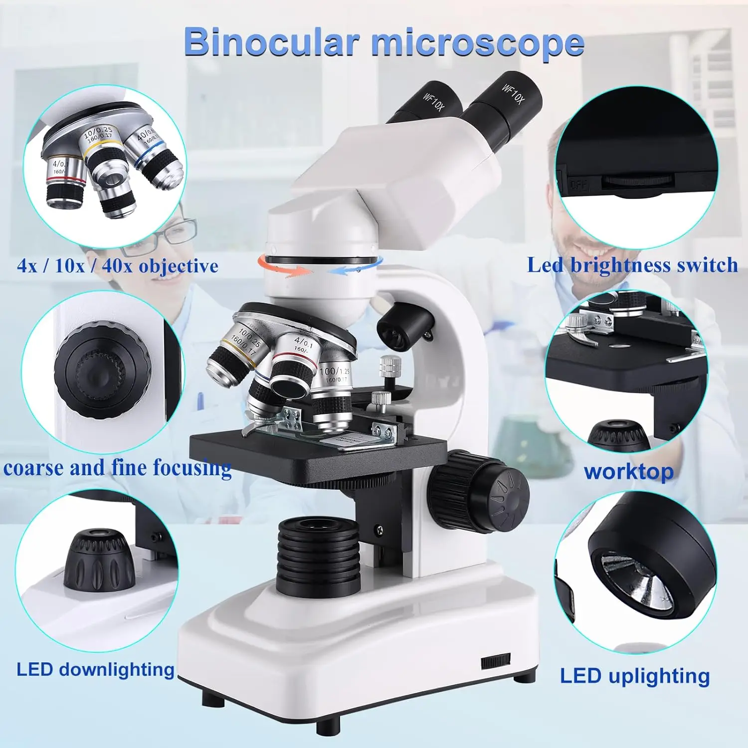 Microscope，40X-2500X Research Class Professional Microscope，WF10x and WF25x eyepieces, Dual LED Lighting and Two-Layer Mechanica