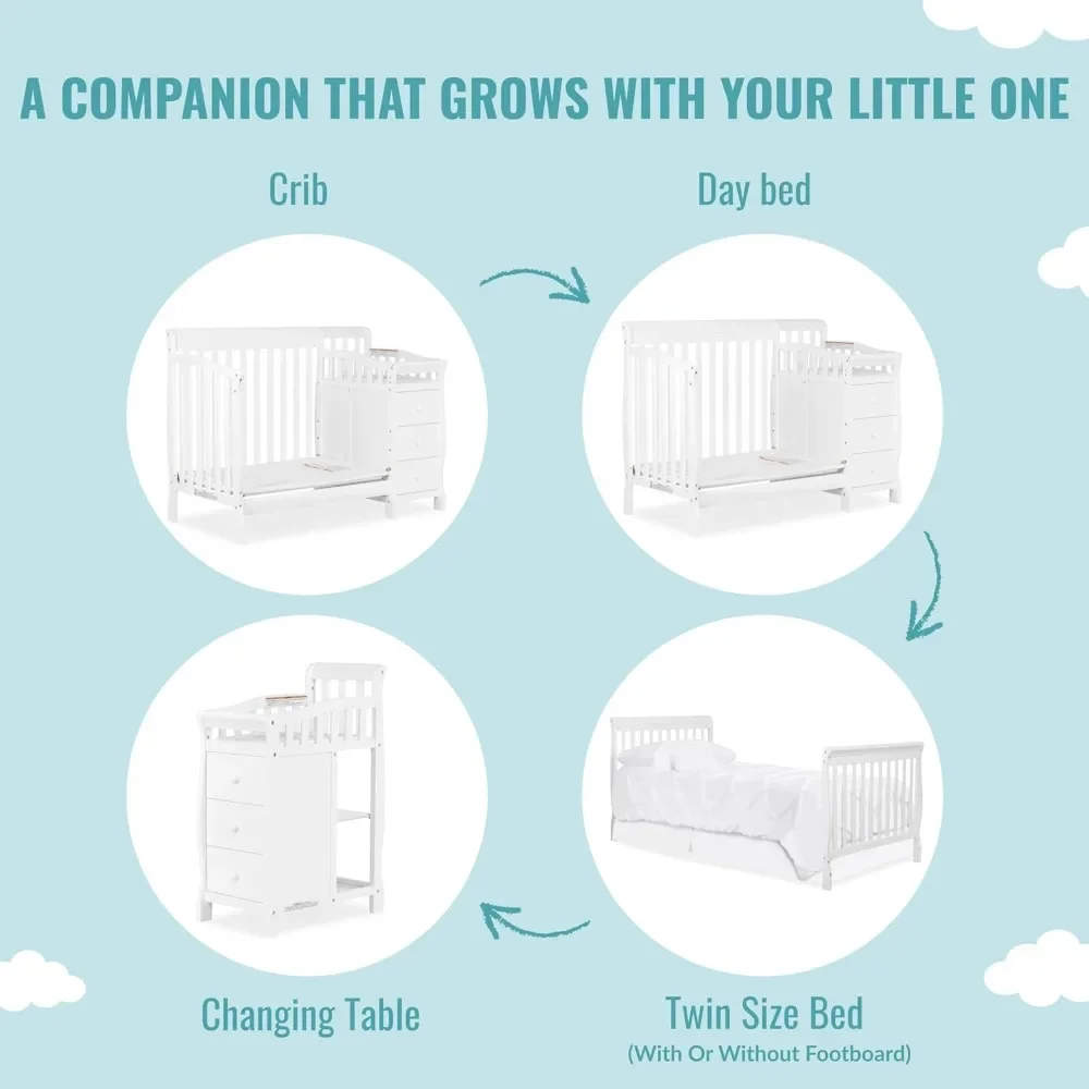 Dream On Me Jayden 4-in-1 Mini Convertible Crib And Changer in White, Greenguard Gold Certified, Non-Toxic Finish, New Zealand