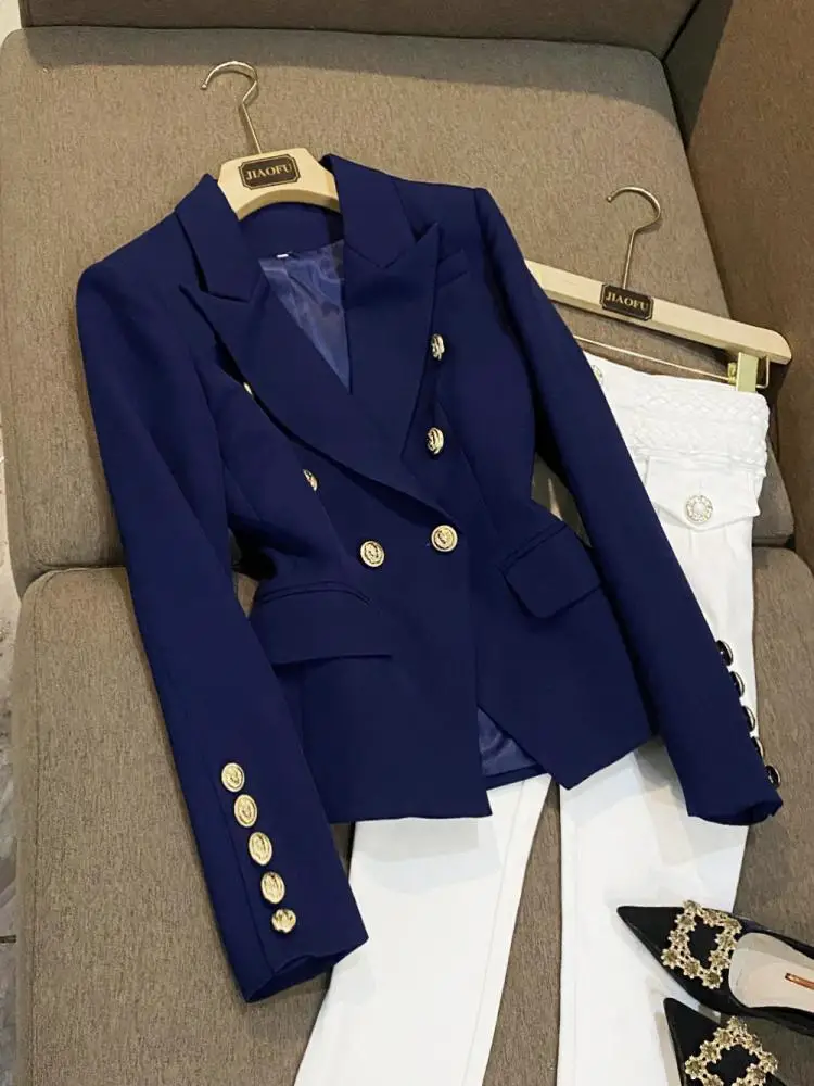 

Elegant Blue Suit Jacket for Women Loose Style Commute Friendly Long Sleeve Double Breasted Classic Collar A67