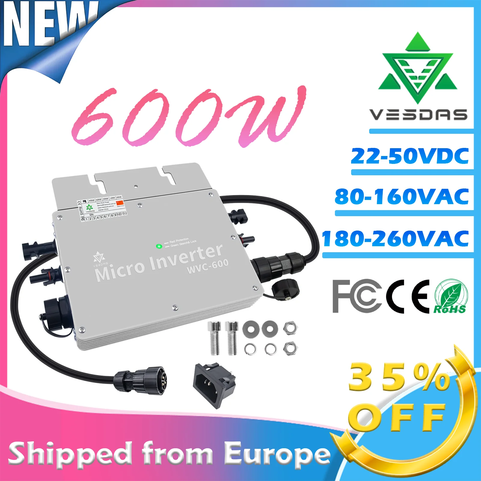 600W 22-50VDC 80-160VAC/180-260VAC MPPT Solar Grid Connected Micro Inverter for Solar Power Generation Systems