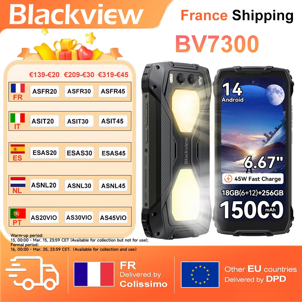 BLACKVIEW BV7300 [Pas de chargeur UE] 18 Go (6 + 12) 256 Go 15000 mAh 45 W Charge rapide 6,67" Smartphone Android 14