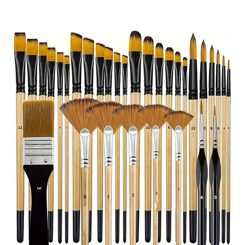 32PCS/Set Professional Nylon Brush with Wooden Handle Ideal for Canvas Paper Fabric Round Flat Fan Angular Tips Artist Grade ZYF