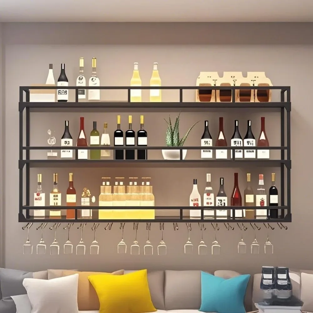 

47 Inch Metal Wine Rack Wall Mounted, Bar Shelves Wall Mounted with LED Light, 3-Tier Liquor Shelves and Glass Holder, Floating