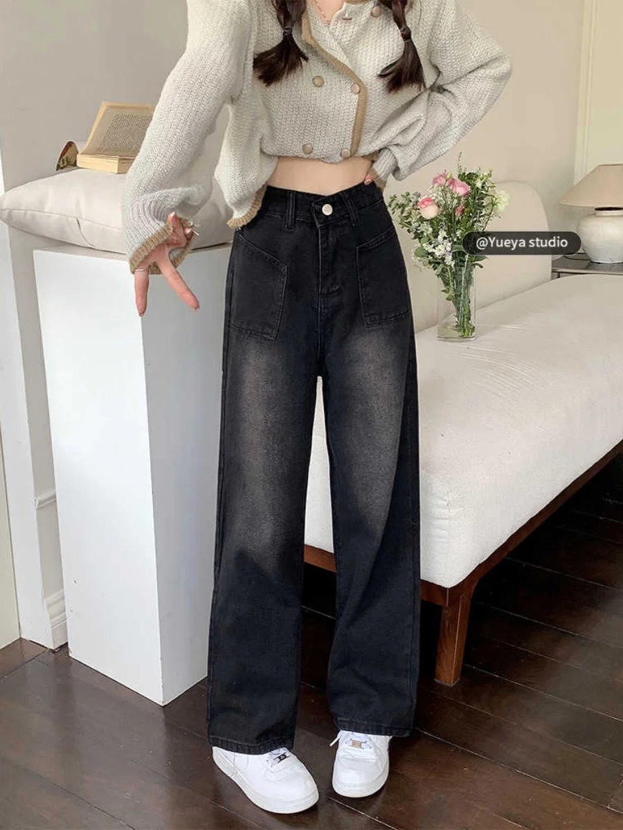 

Джинсы Bla с высокой талией и широкими штанинами, женские осенне-зимние большие размеры, ретро-сины, прямые брюки длиной до пола