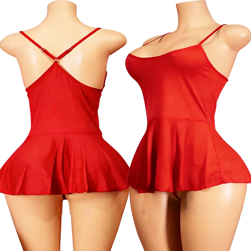 Summer Red Erotic Crotchless Lingerie With Thongs Set Women Low Cut Neck Silk Nightdress Sleeveless Sling Underwear Sexy Bra Set
