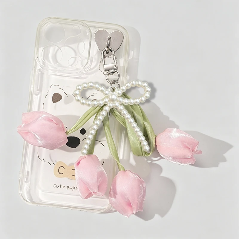 Fashion Ribbon Pearl Lace Bow Bag Accessories Tulip DIY Mobile Phone Pendant Jewelry Style Lace Keychain Decoration