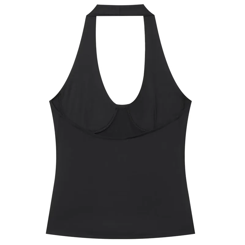HXAO Halter-Top für Damen, Sommerliches Ärmelloses Crop-Top, Rückenfreies Bustier-Oberteil in Beige und Schwarz, Schulterfreies Korsett – Detail 10