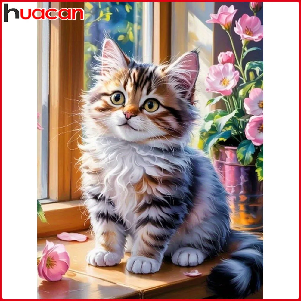 Huacan Neuheiten 2025, Diamantgemälde, Katze, Blume, Diamantmosaik, Tier-Set, Heimdekoration