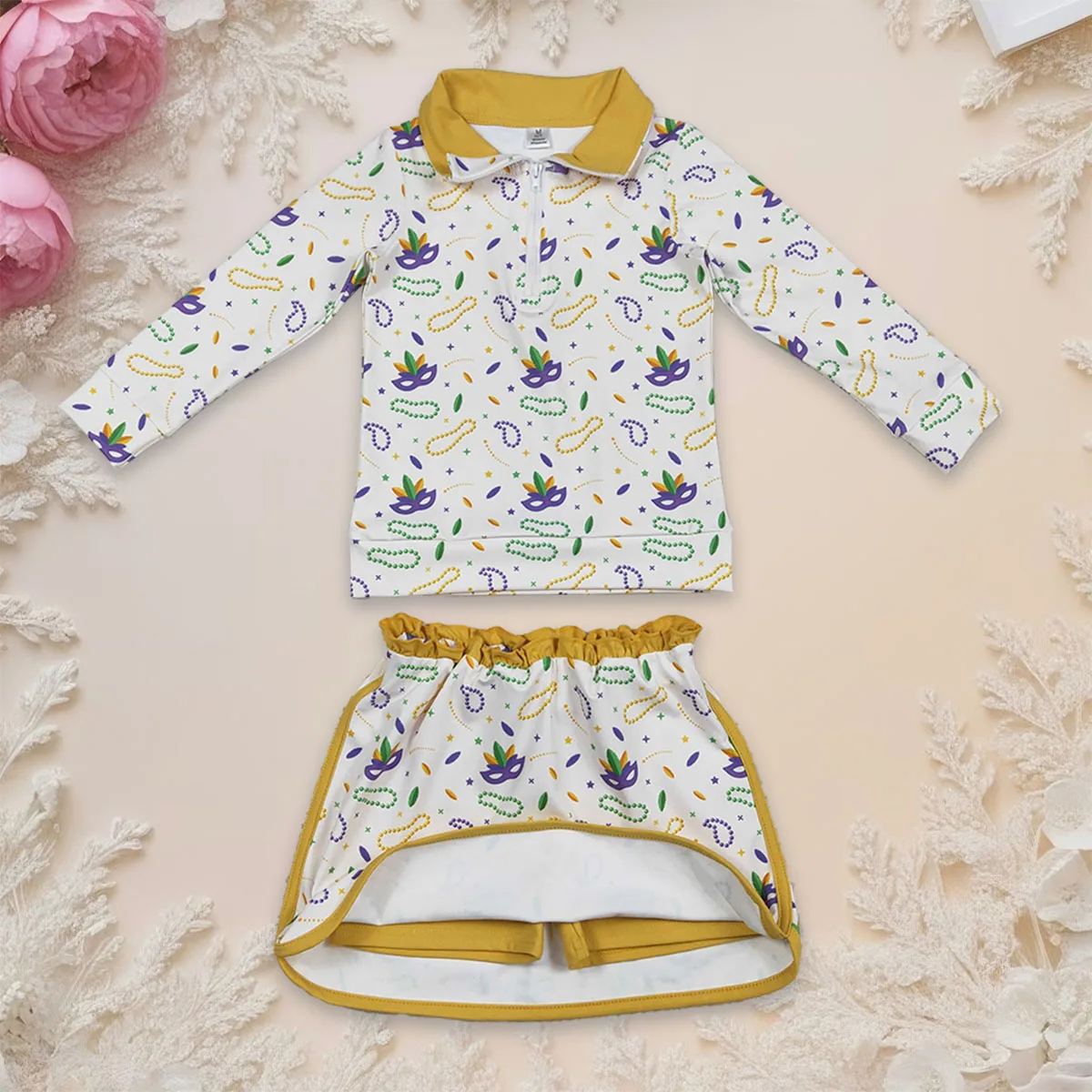 

Toddler Baby Girl Long Sleeve Anchors Masks Zipper Top Mardi Gras Skirt Skorts Set Yoga Active Kids Children Outfit Wholesale