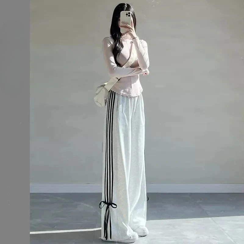 

Plus Size Y2K Trousers 300lbs: Four Stripes Design Wide Leg Trousers, Adjustable Waist Bow, Straight Cut Casual Pants for Women