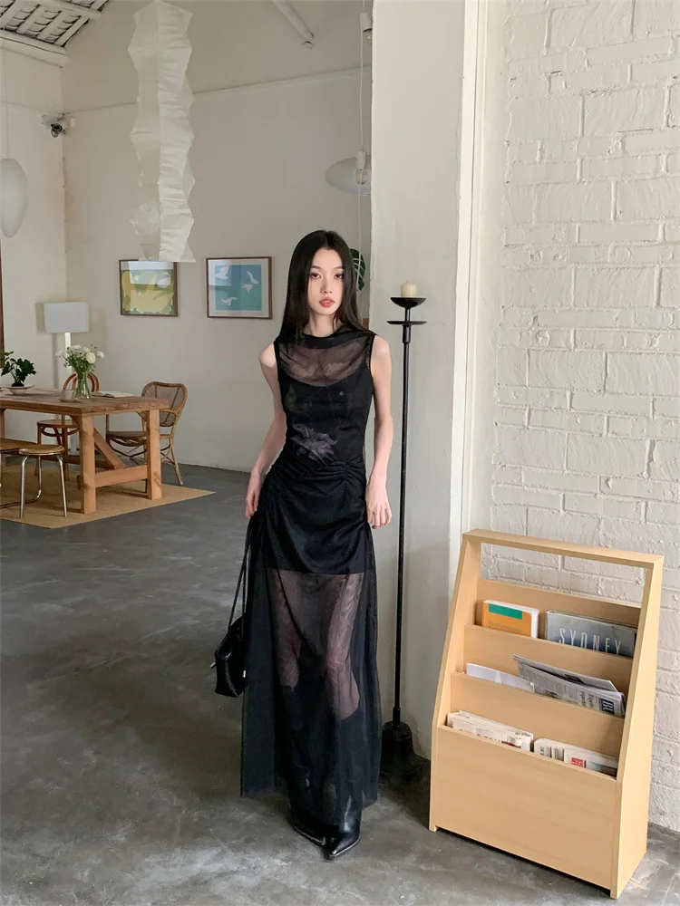 CHEERART Goth abito Lonng in rete nera senza maniche per donna estate 2024 See Through Split Tank Dress Fashion Clothes