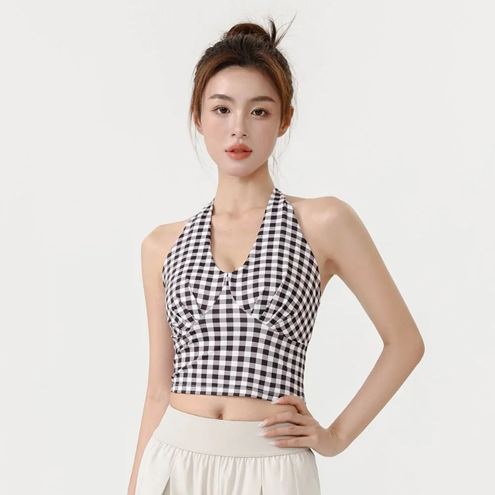 Fitness Top V-Neck Yoga Vest Plaid Fixed Pad Sports Bra Backless Breathable Push-Up Tank Top Daily Street