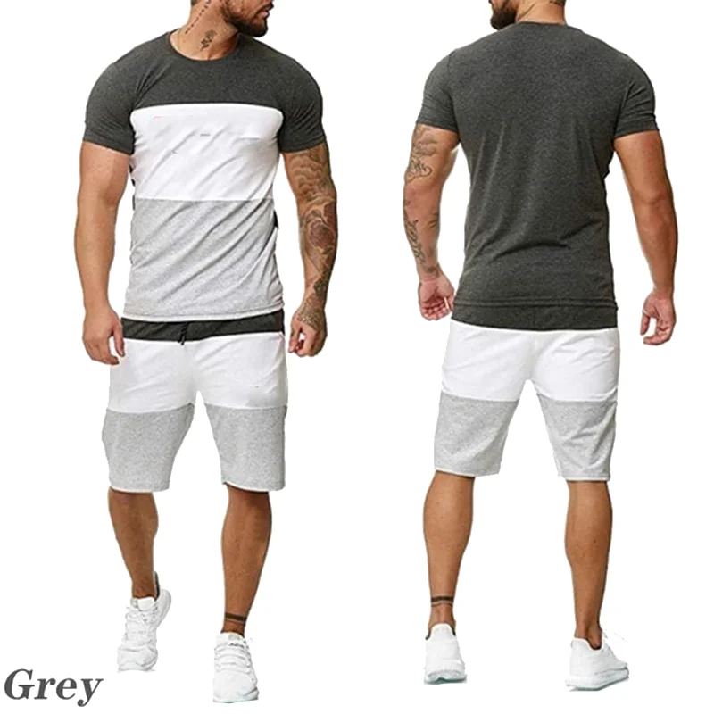 2023 New Fashion Spliced Short sleeved T-shirt+Shorts Set Men's Casual Sports Set Striped Sportswear (S-4XL)