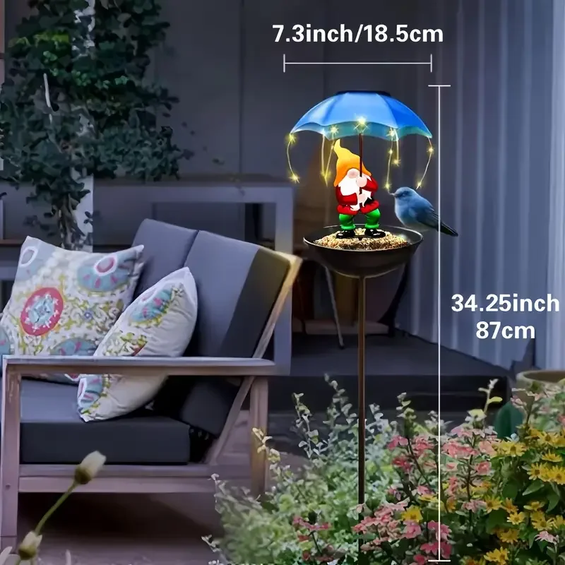 1/2 قطعة تمثال قزم الشمسية التلقائي الطيور المغذية مع الدافئة الأبيض الشمسية سلسلة ضوء في الهواء الطلق حديقة ديكور الطيور المغذية لحديقة الفناء #3