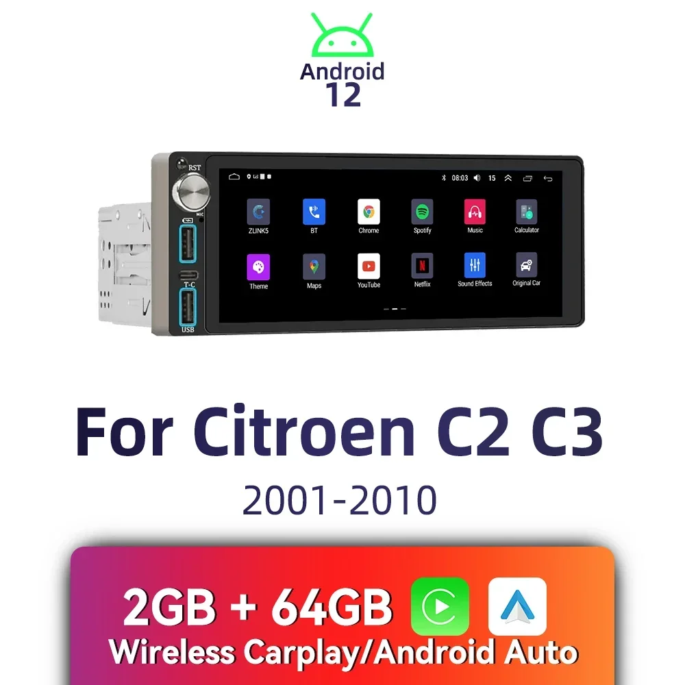 

Wireless Carplay Autoradio 6.86" Screen 1 Din Radio Android Car Multimedia for Citroen C2 C3 2001-2010 Stereo Head Unit GPS WIFI