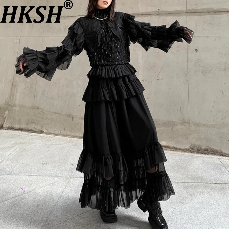 

HKSH 2026, весна-лето, новая женская юбка с эластичной резинкой на талии, универсальные юбки с рюшами и длинными рукавами, прозрачный сетчатый топ, элегантный сексуальный HK17326