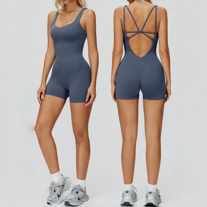 

Женская матовая одежда для йоги телесного цвета, облегающий комбинезон с перекрестной спинкой, одежда для бега на открытом воздухе, спорта, отдыха и фитнеса