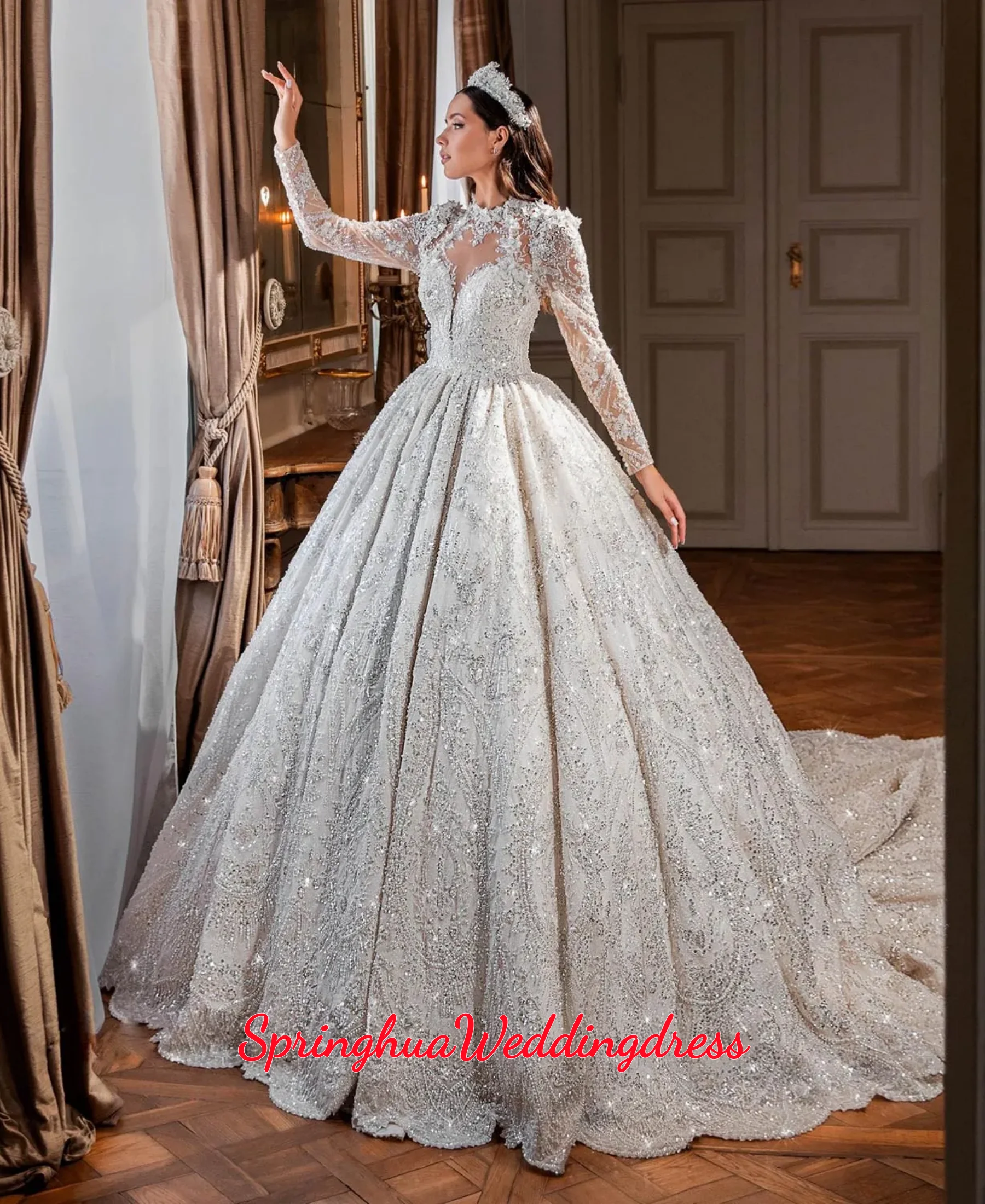 Customized Long Sleeve Ball Gown Wedding Dresses 3D Flowers O-Neck Vintage Robe Mariage Illusion Back Shining Vestido De Noiva