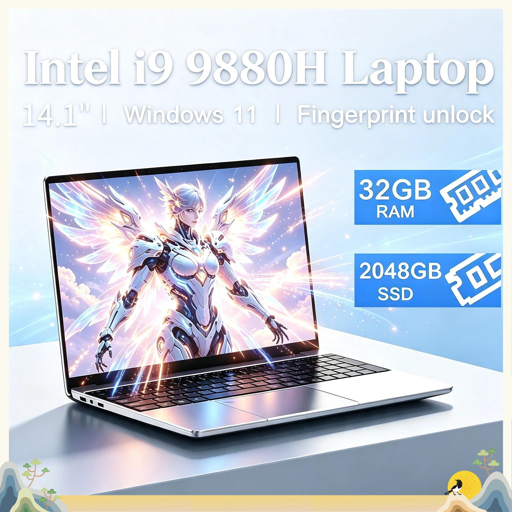 Ultra Slim 14.1 Inch Laptop 32GB DDR4 2TB SSD Intel Core  I9-9880H  Windows 11 1920x1080 HD Gaming PC Gamer Office Notebook