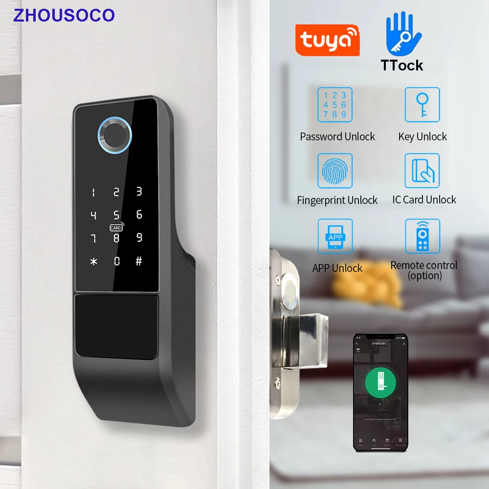 Fingerprint Gate Lock Tuya Wifi Outdoor Smart Door Lock Digital IC Card Rim Electronic Door Lock Suitable for Home Garden