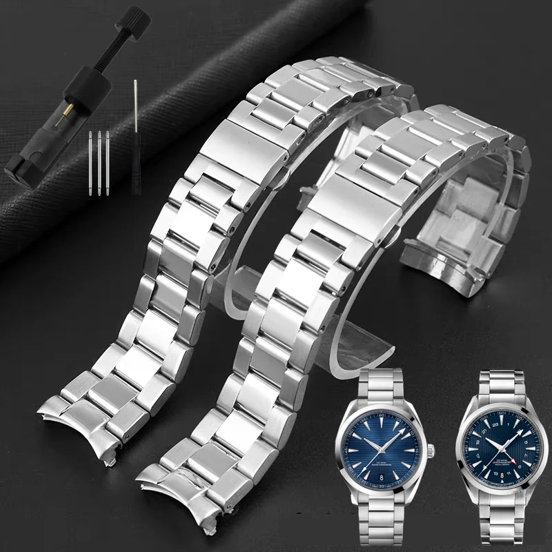 20mm Solid Stainless Steel Bracelet For Omega Seamaster Aqua Terra AT 150 220/231 Watch Strap Curved Link Band Three Beads Chain