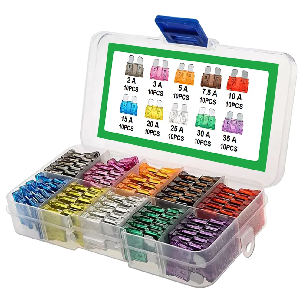10 Types Auto Kit 100Pcs Blade Type Set 2A 3A 5A 7.5A 10A 15A 20A 25A 30A 35A Blade Type Assorted Kit with Box